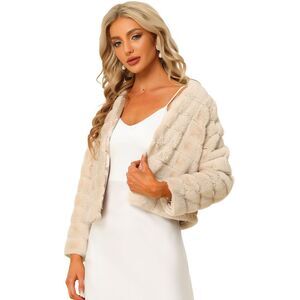 Winter Warm Cropped Jacket Collarless Faux Fur Fluffy Coat Apricot